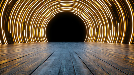 Glowing neon circles create mesmerizing tunnel effect, illuminating wooden floor