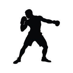 Silhouette of a boxer in action delivering a powerful punch stance, boxer punching silhouette vector illustration