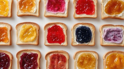 Colorful jam varieties on toast slices in neat grid pattern. Vibrant breakfast spread with assorted fruit preserves, ideal as wallpaper or poster for food lovers.