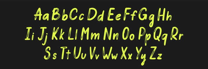 Handwritten cursive alphabet, brush stroke typography. Sketch black ink design header uppercase and lowercase letters. Font with organic texture. Yellow vector illustration on a blackboard.