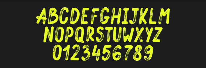 Handwritten alphabet with numbers, brush stroke typography. Sketch black ink design header uppercase letters. Font with organic texture. Yellow vector illustration on a blackboard.