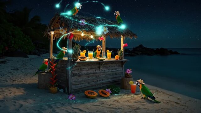 Animated parrots at a tropical bar with cocktails under a starry night