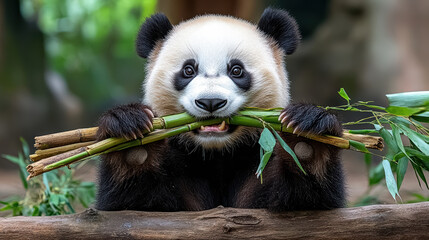 Obraz premium Close up of panda eating bamboo peacefully, showcasing its playful nature and vibrant