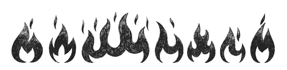 Set of fires or flames with crayon, pastel or chalk texture. Doodle black vector illustration isolated on a white background.