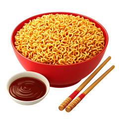 Close up of delicious noodles in a red bowl with chopsticks and sauce against a transparent background
