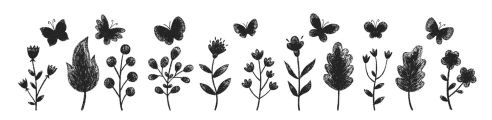 Set of  butterfly, leaves and spring flowers with crayon, pastel or chalk texture. Wildflowers and insects painted with pencil. Doodle black vector illustration isolated on a white background. © Arina