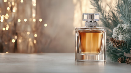 Elegant perfume bottle with warm amber liquid, surrounded by festive greenery