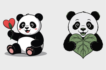Naklejka premium Cute pandas holding heart shaped objects bear cartoon