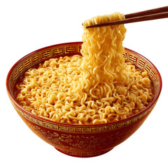 Delicious noodles in a decorative bowl with chopsticks against transparent background