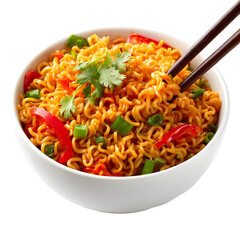 Delicious noodles with vegetables served in a white bowl with chopsticks on transparent background