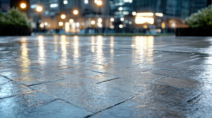Obraz premium Close up of wet pavement reflecting city lights during rain, creating serene atmosphere