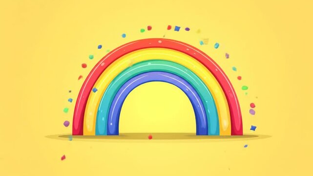 Animated rainbow arch with confetti on yellow background