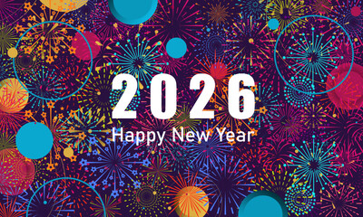 Colorful fireworks 2026 New Year background and text Happy New Year design in the night sky. Simple pattern design template. vector design.