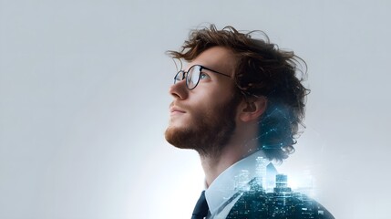 Man with city and network overlay looking up