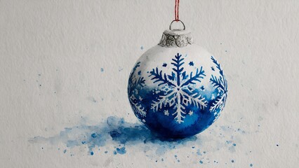 A watercolor design of a Christmas ornament with snowflakes, minimalist and Clean background, free space, Copy Space for Text, Do not contain letters,