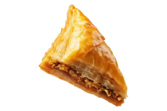 Traditional Turkish baklava filled with pistachios and syrup, cut square triangle isolated on white transparent background, symbolizing sweet cuisine