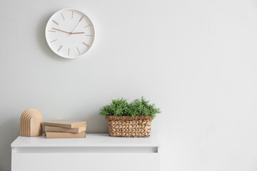 Chest of drawers with books and houseplant near white wall in living room, closeup