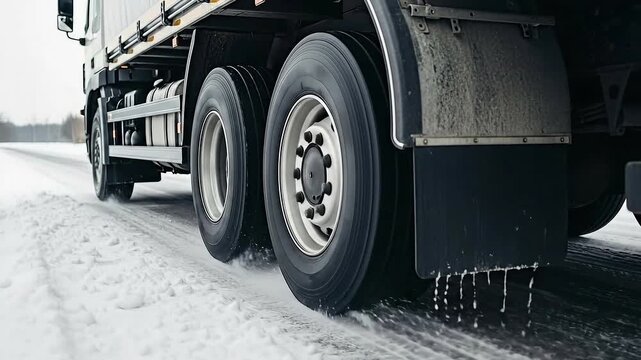 Truck Wheels Rolling Over Snowy Road Detail Shot White Haze Winter Landscape Black Mud Flaps Gray Rims and Reflectors Winter Transportation and Logistics Trucking Industry Concept
