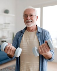 Smiling senior man exercising with dumbbells indoors