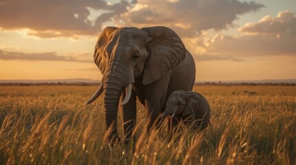 Fototapeta premium Majestic Elephants Roaming Golden Plains During Sunset Serenity