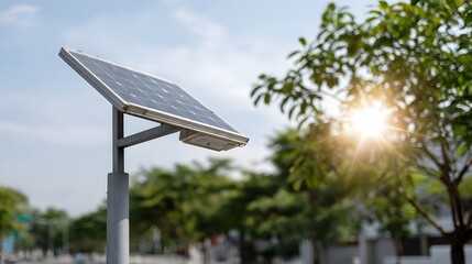 Obraz premium Solar panel street light with bright sun flare