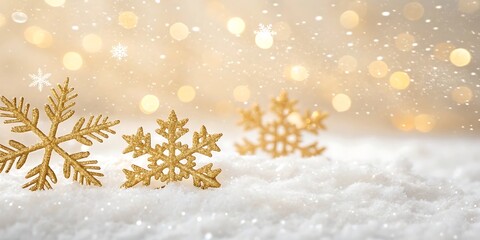 Golden snowflakes sparkle and shimmer on a soft snowy surface with a warm bokeh background evoking a magical winter holiday atmosphere
