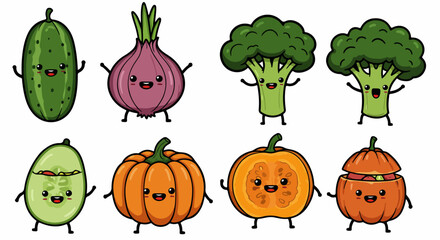 Cute food characters cucumber onion broccoli pumpkin with transparent background