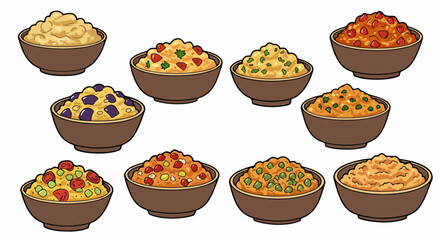 Assorted bowls of colorful food ingredients
