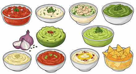 Assorted dips and sauces with garlic and tortilla chips