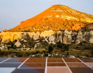 Scenic view of a mountain and fairy chimneys illuminated by sunlight