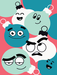 Christmas ornaments with cartoon faces in shades of blue and white on a pink background, expressing various emotions.