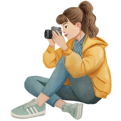 a girl in a jacket is sitting and taking pictures with her camera