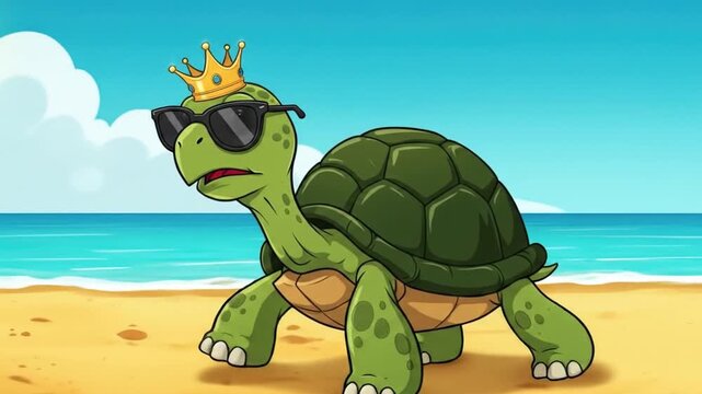 Animated turtle with sunglasses and crown on a beach cartoon illustration