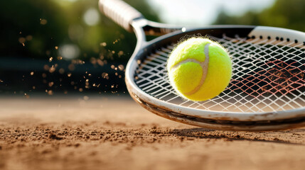 Close up of tennis racket striking glowing yellow ball on clay court, capturing dynamic motion