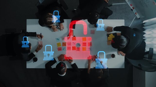 A group of business professionals collaborates on cybersecurity issues, illustrated with digital icons of locks and warnings, emphasizing the importance of data security. Raster