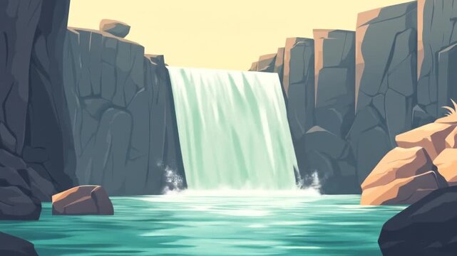 Animated waterfall cascading over stone cliffs into tranquil water