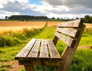 Fototapeta premium Wooden bench by a golden field path