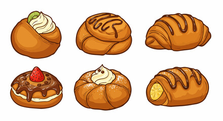 Assorted pastries with cream and chocolate toppings