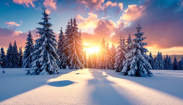 Winter sunset in snowy forest