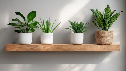 Obraz premium Indoor plants wooden shelf vibrant greenery modern decor home interior