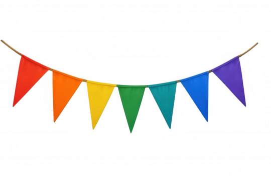 Rainbow pride bunting flags forming a vibrant garland, celebrating diversity and inclusion, with transparent background