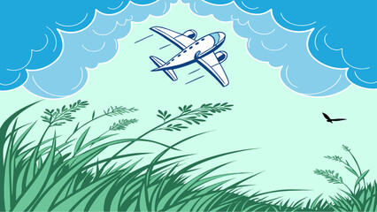 Whimsical biplane flying over lush green field with fluffy clouds and blue sky