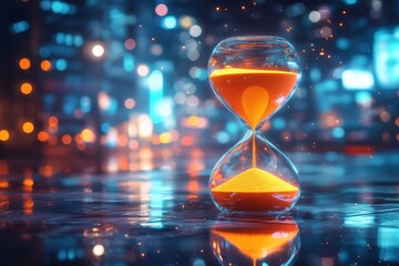 Hourglass with orange sand on a reflective surface with bokeh lights in the background at night , 8k resolution