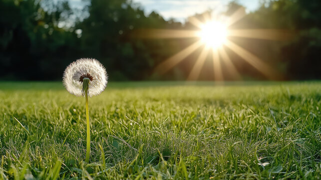 Close up of dandelion glowing in sunset light, surrounded by green grass and nature beauty