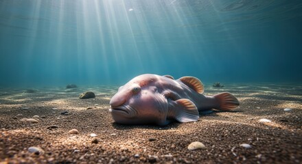 Captivating underwater shot of a Blobfish resting on the sandy seabed with sunbeams filtering