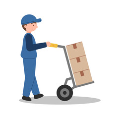 Warehouse worker pushing hand truck with cardboard boxes, delivery man illustration for logistics, shipping and courier service