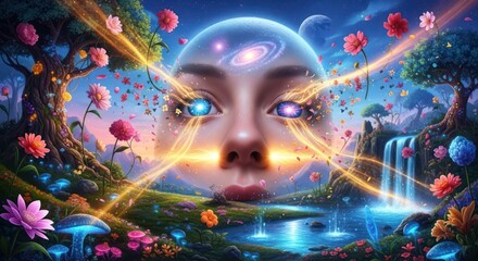 A cosmic being's gaze over an enchanted garden landscape in a serene dreamscape scene