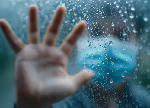 a person wearing a face mask is seen through the raindrops on an outdoor window, with their hand reaching out to touch one of them