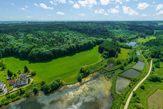 Ausblick auf die Fischteiche im Tal des Anhauser Baches bei Bobingen-Burgwalden in Schwaben