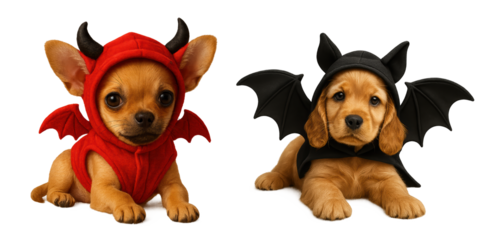 Adorable pet Halloween ideas, puppy duo dressed in red devil costume with horns and black bat outfit with wings, isolated on white background for playful spooky humor, cozy petwear styling